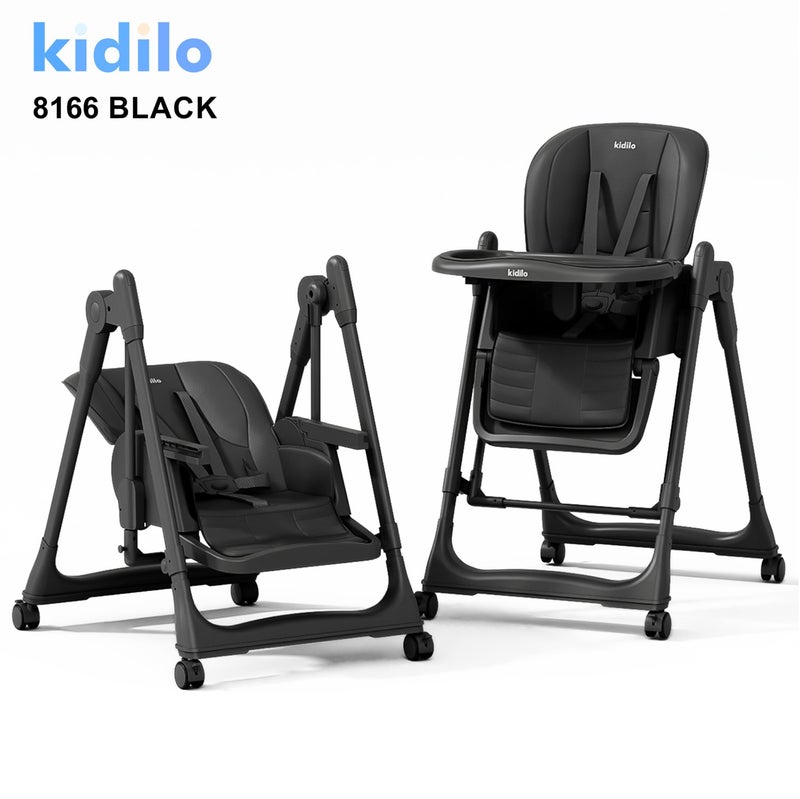 Kidilo 8166 Convertible Baby High Chair | 2-In-1 High Chair To Low Rocker Seat | Removable Feeding Tray With Insert | Secure Safety Harness | Padded Easy-Clean Seat | Wheels | Wide Stable Base