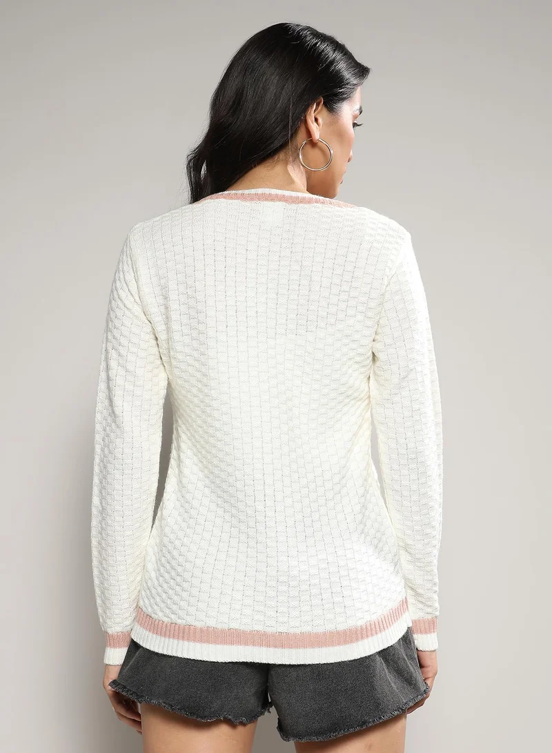 Campus Sutra Women's White Contrast Hem Knit Sweater