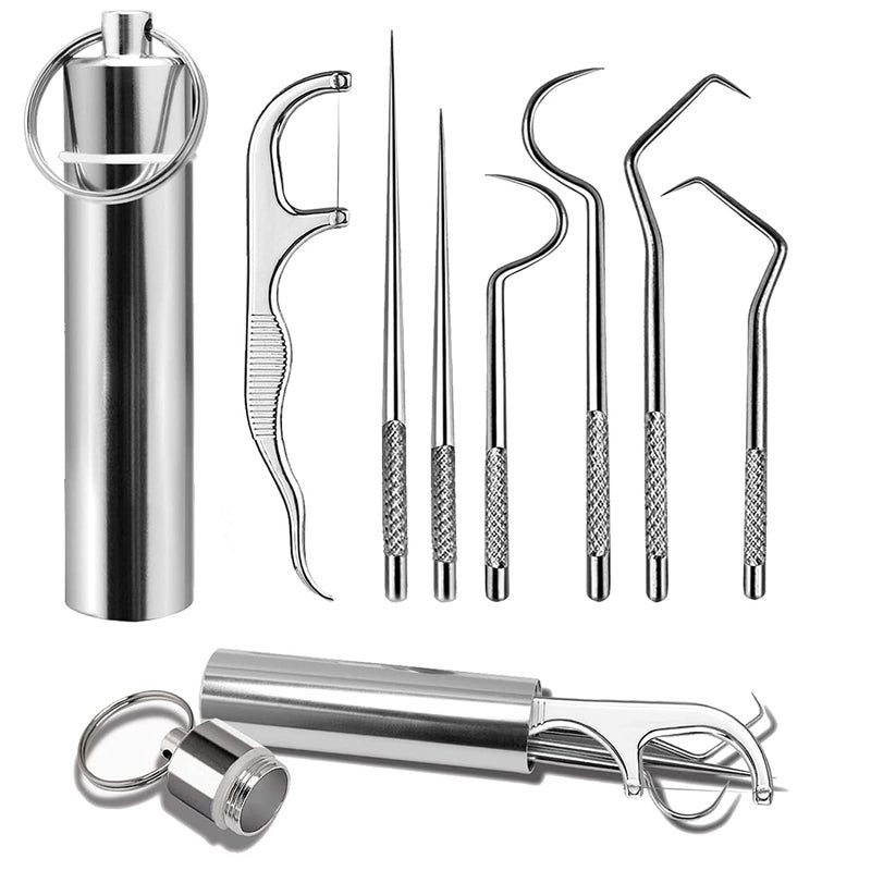 Maxxlite 7Pcs 2 Set Portable Stainless Steel Toothpicks Pocket Set Reusable Metal Toothpicks Cleaning Kit with Holder for Outdoor Picnic Camping Traveling - Image 1