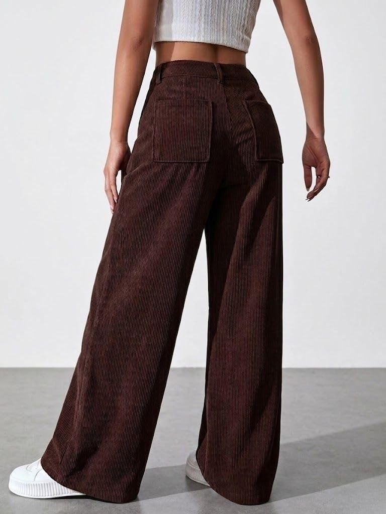 SMOWKLY Women's Aesthetic Mid Rise Wide Leg Sweatpant with Pocket || Loose Comfy Elastic Waist Casual Korean Trousers for Woman Elegant Workwear for Office, College & Events (1678_BRN_M) Brown - Image 3