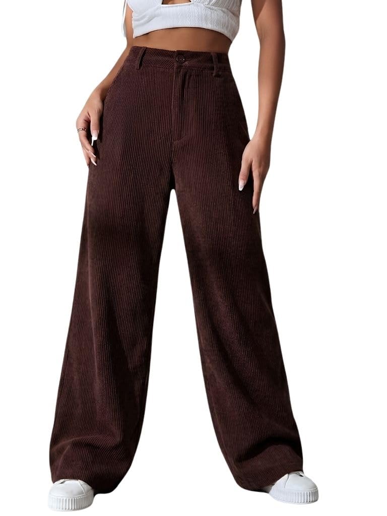 SMOWKLY Women's Aesthetic Mid Rise Wide Leg Sweatpant with Pocket || Loose Comfy Elastic Waist Casual Korean Trousers for Woman Elegant Workwear for Office, College & Events (1678_BRN_M) Brown - Image 1