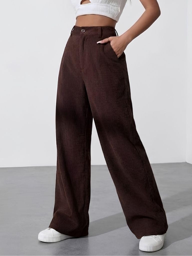 SMOWKLY Women's Aesthetic Mid Rise Wide Leg Sweatpant with Pocket || Loose Comfy Elastic Waist Casual Korean Trousers for Woman Elegant Workwear for Office, College & Events (1678_BRN_M) Brown - Image 2