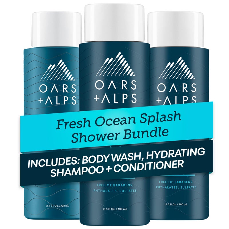 Oars + Alps Men's Sulfate Free Hair Shampoo, Conditioner, and Body Wash Kit, Moisturizing Skin Care Infused with Kelp and Algae Extracts, Fresh Ocean Splash Scent - Image 1