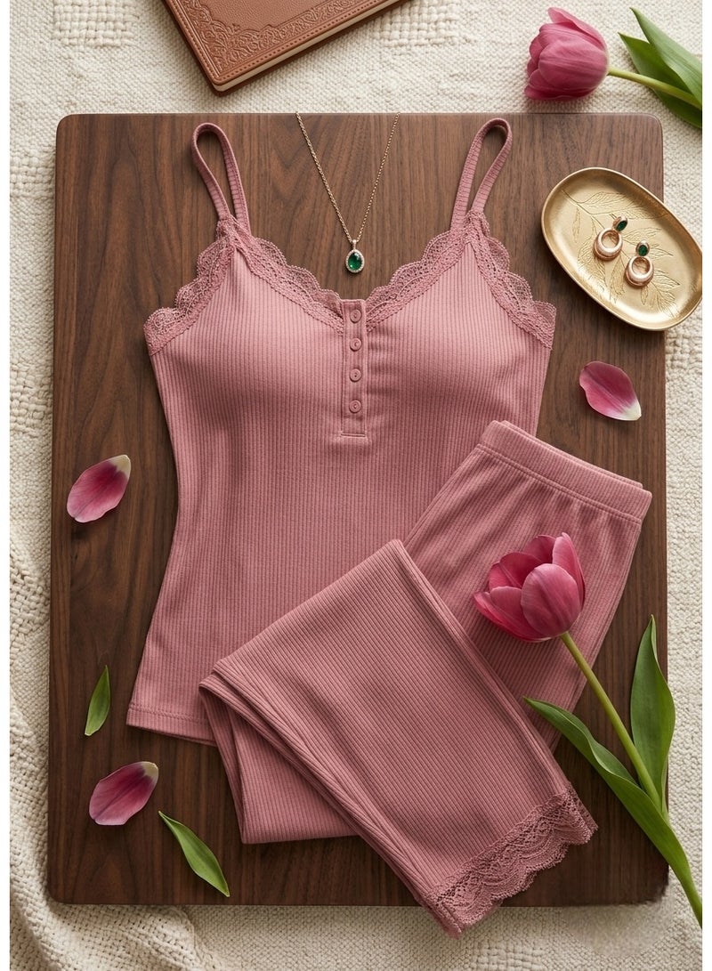 Women's two-piece pajama set, consisting of a sleeveless ribbed cotton top in cashmere color and lace pants. - Image 3