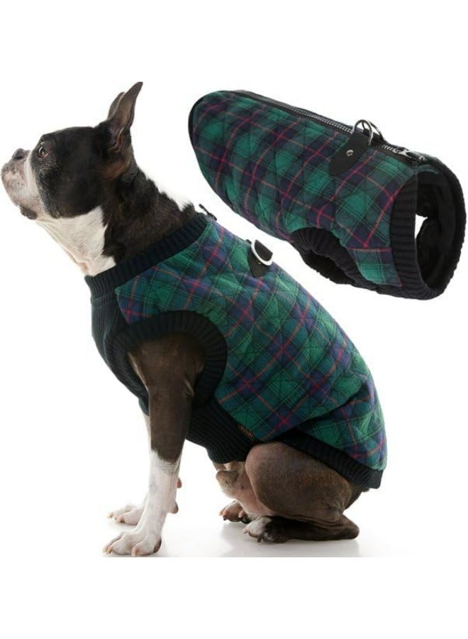 سترة شتوية مبطنة باللون الأخضر للكلاب - ملحق مقود مزدوج على شكل حرف D