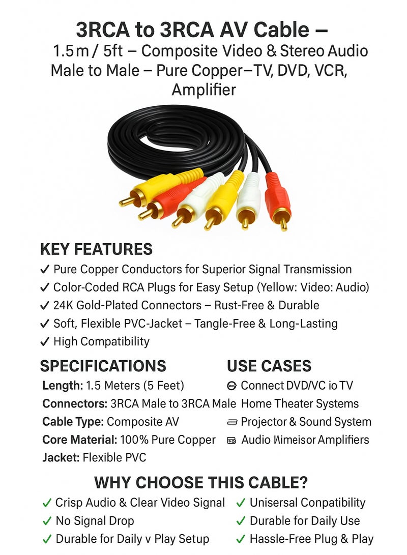 FUJISHKA 3RCA to 3RCA Cable – 1.5 Meter (5 Feet) – Male to Male AV Composite Video Audio Cable for TV, DVD, VCR, Set-Top Box, Amplifier – Pure Copper Core – Durable and Flexible  - Image 4