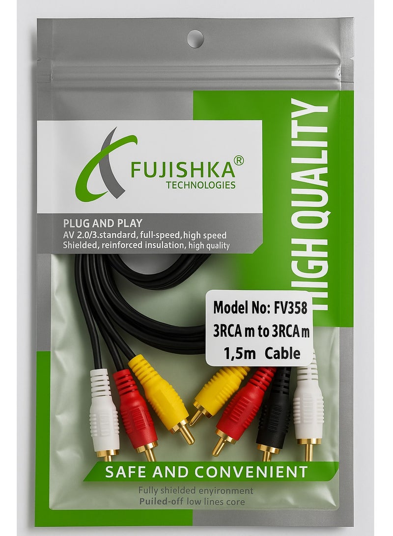 FUJISHKA 3RCA to 3RCA Cable – 1.5 Meter (5 Feet) – Male to Male AV Composite Video Audio Cable for TV, DVD, VCR, Set-Top Box, Amplifier – Pure Copper Core – Durable and Flexible - Image 4