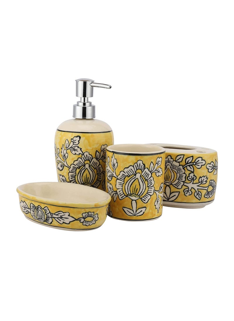 The Decor Lane - The Decor Lane Handpainted Ceramic Bathroom Accessories Set of 4 (Liquid Soap Dispenser, Soap Tray, Toothbrush Holder, Tumbler) (Yellow Floral) - Image 1