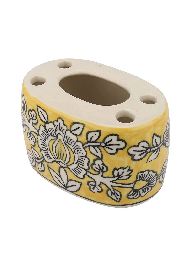 The Decor Lane - The Decor Lane Handpainted Ceramic Bathroom Accessories Set of 4 (Liquid Soap Dispenser, Soap Tray, Toothbrush Holder, Tumbler) (Yellow Floral) - Image 1