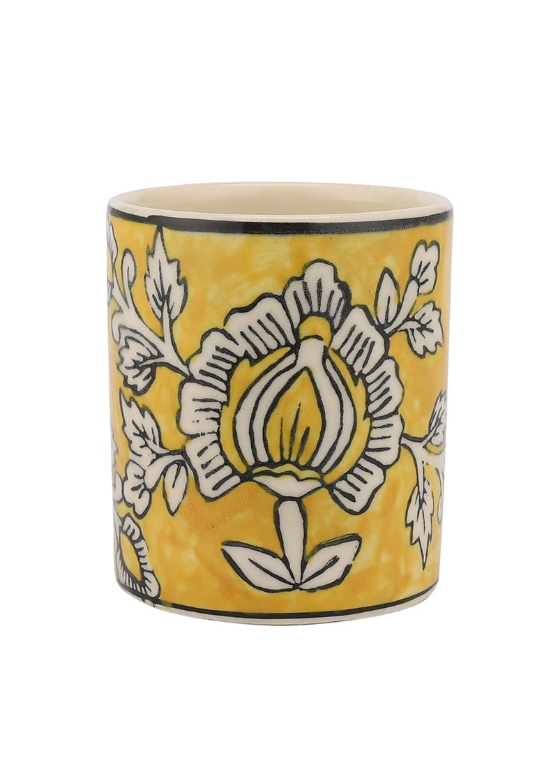 The Decor Lane - The Decor Lane Handpainted Ceramic Bathroom Accessories Set of 4 (Liquid Soap Dispenser, Soap Tray, Toothbrush Holder, Tumbler) (Yellow Floral) - Image 1