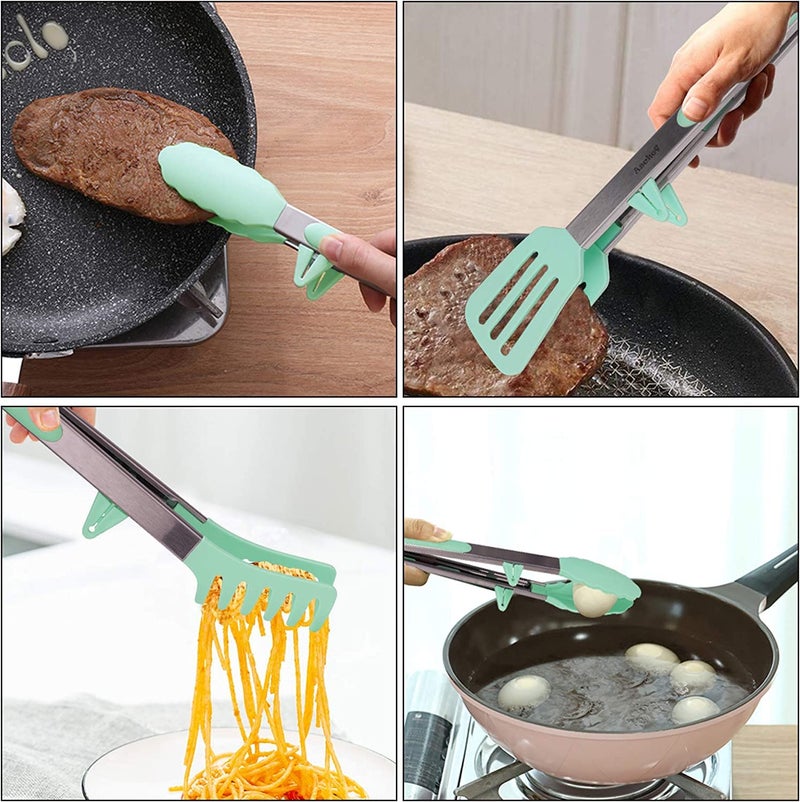 PLENARO Set of 3 Stainless Steel Food Tongs with Silicone Tips, 3 Types Heavy Duty Non-Stick Clamp Clip for Kitchen BBQ Cooking Grilling Buffet Noodles Salad Steak (Green) - Image 4