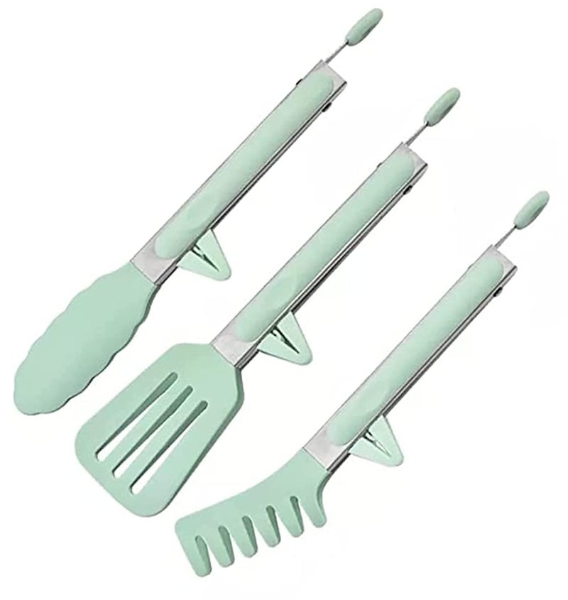 PLENARO Set of 3 Stainless Steel Food Tongs with Silicone Tips, 3 Types Heavy Duty Non-Stick Clamp Clip for Kitchen BBQ Cooking Grilling Buffet Noodles Salad Steak (Green) - Image 1