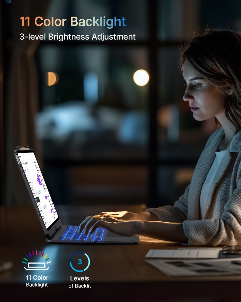 typecase حافظة تايبكيس بلمس مع لوحة مفاتيح لجهاز iPad Pro 13 بوصة (M5/M4, 2025/2024)، iPad Air 13 بوصة (M3/M2, 2025/2024) و iPad Pro 12.9 بوصة، لوحة تتبع، قابلة للدوران 360°، بإضاءة خلفية بـ 11 لون، رمادي منتصف الليل - Image 5