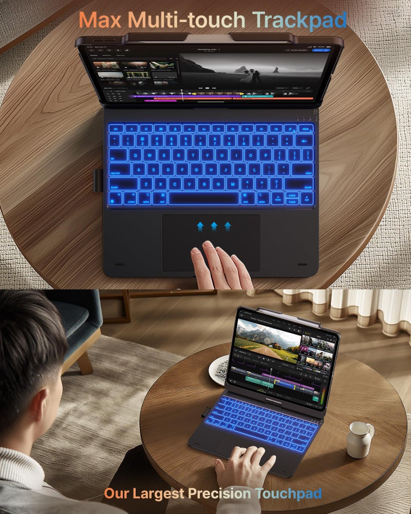 typecase حافظة تايبكيس بلمس مع لوحة مفاتيح لجهاز iPad Pro 13 بوصة (M5/M4, 2025/2024)، iPad Air 13 بوصة (M3/M2, 2025/2024) و iPad Pro 12.9 بوصة، لوحة تتبع، قابلة للدوران 360°، بإضاءة خلفية بـ 11 لون، رمادي منتصف الليل - Image 4