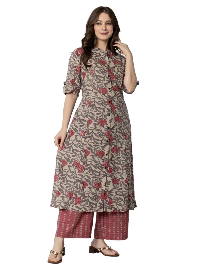 rytras Women's Cotton Printed A-Line Kurta with Palazzo Pant Set(Maroon,RYT583,M) - Image 3