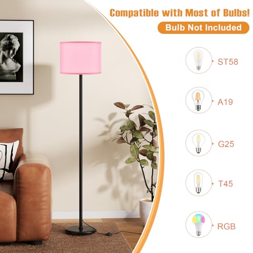 Ambimall 60'' Modern Floor Lamp with Shade, Tall Lamps for Living Room, Bedroom, Office, Dining Room, Pink Shade with Black Pole(Without Bulb) - Image 3