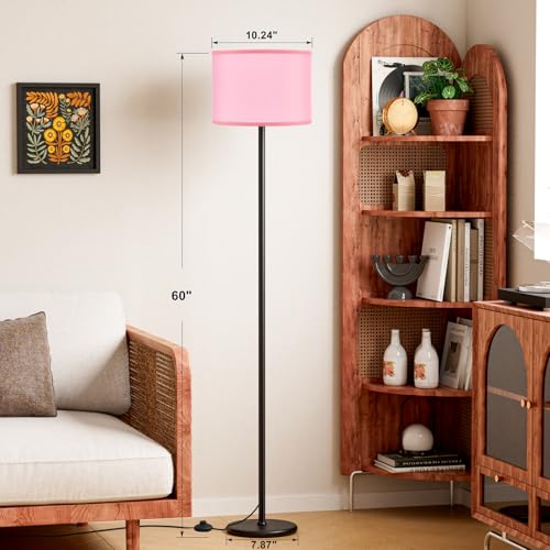 Ambimall 60'' Modern Floor Lamp with Shade, Tall Lamps for Living Room, Bedroom, Office, Dining Room, Pink Shade with Black Pole(Without Bulb) - Image 2