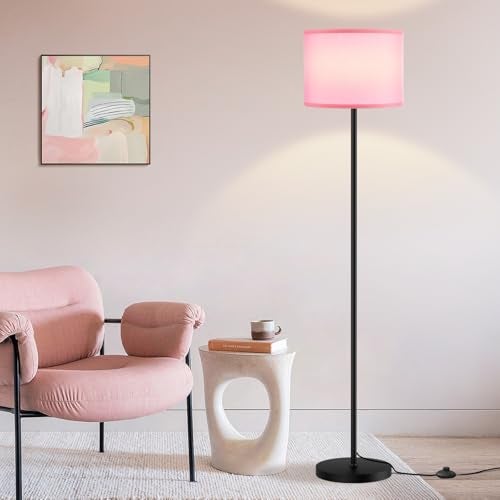 Ambimall 60'' Modern Floor Lamp with Shade, Tall Lamps for Living Room, Bedroom, Office, Dining Room, Pink Shade with Black Pole(Without Bulb) - Image 1