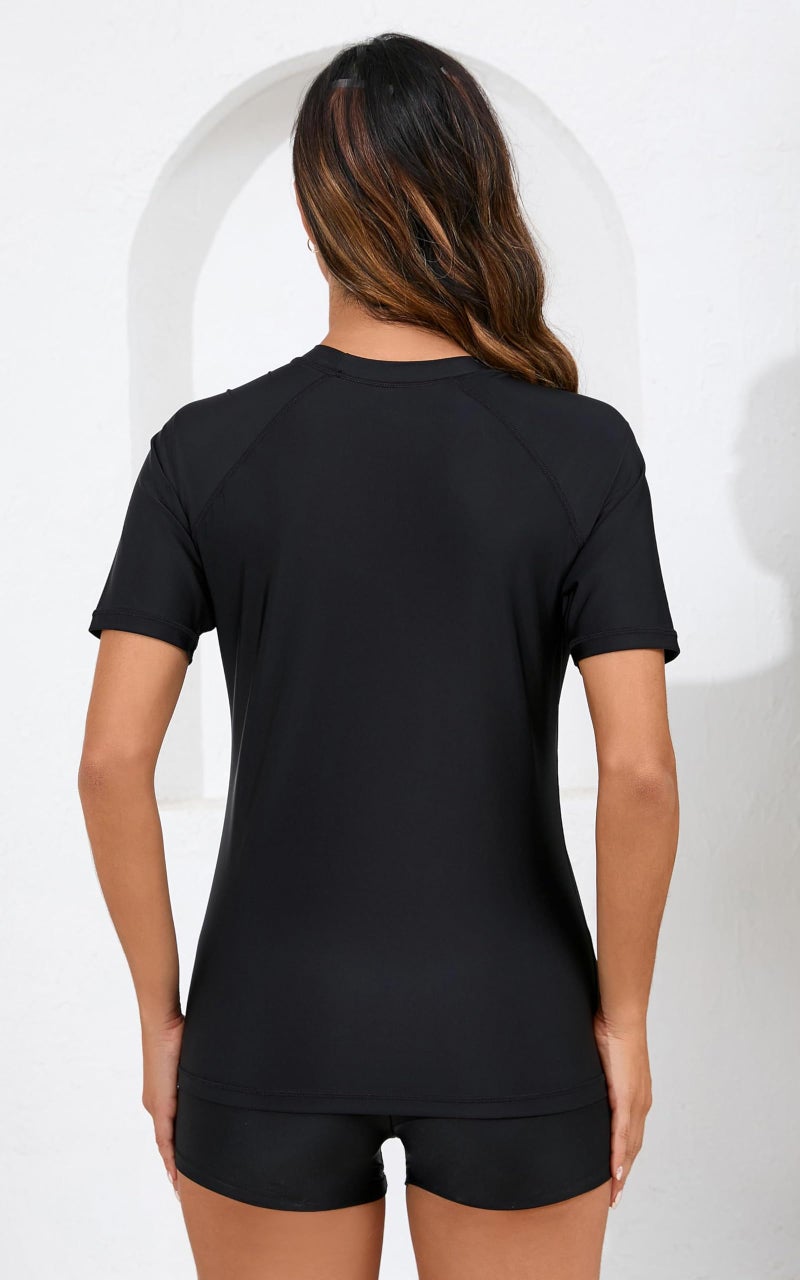 Halcurt Women Rash Guard with Boy Shorts 2 Piece Short Sleeve Swim Shirt Built in Bra Black M - Image 2