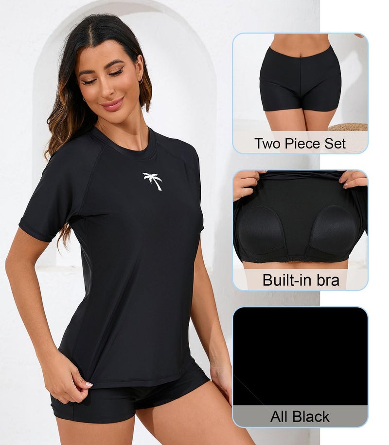 Halcurt Women Rash Guard with Boy Shorts 2 Piece Short Sleeve Swim Shirt Built in Bra Black M - Image 4