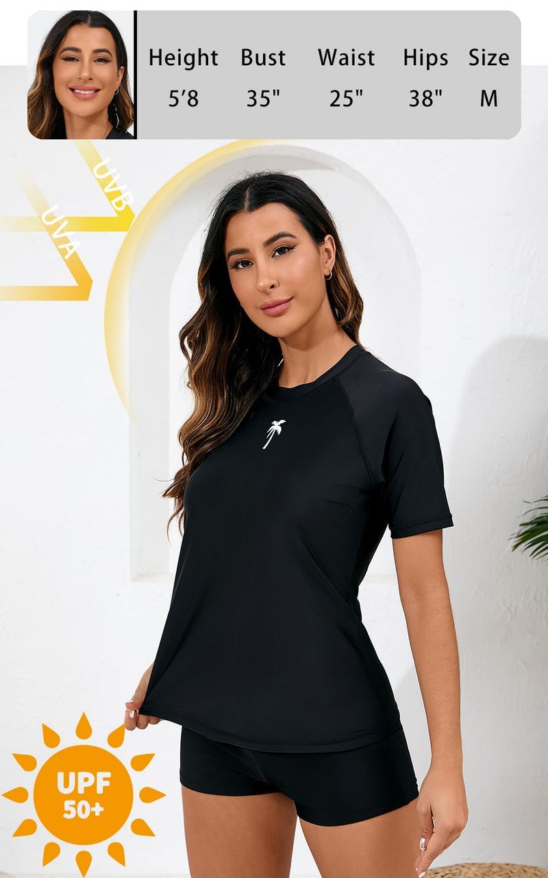 Halcurt Women Rash Guard with Boy Shorts 2 Piece Short Sleeve Swim Shirt Built in Bra Black M - Image 5