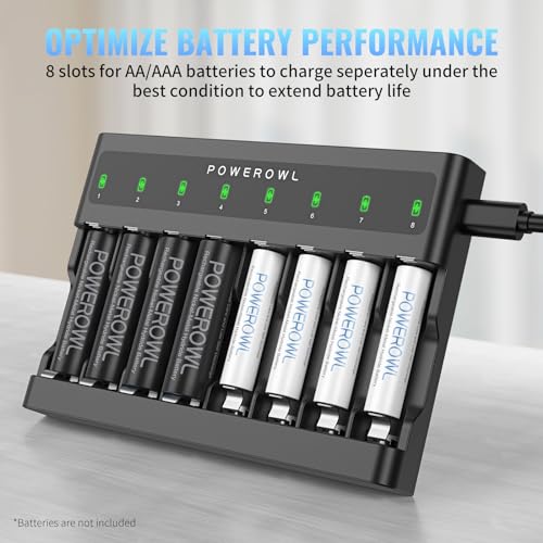 POWEROWL AA AAA Battery Charger 8 Bay, Independent Slot, USB Fast Charging for Ni-MH Ni-CD Rechargeable Batteries - Image 3