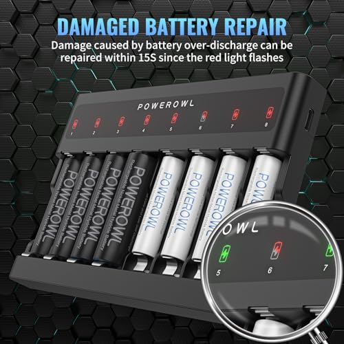 POWEROWL AA AAA Battery Charger 8 Bay, Independent Slot, USB Fast Charging for Ni-MH Ni-CD Rechargeable Batteries - Image 4