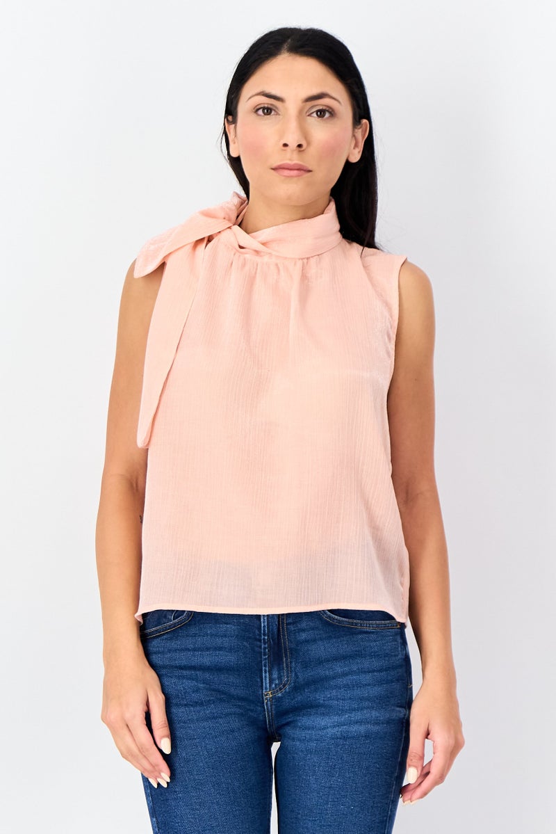 Reserved Women Tie Neck Sleeveless Plain Tank Top, Pink - Image 1