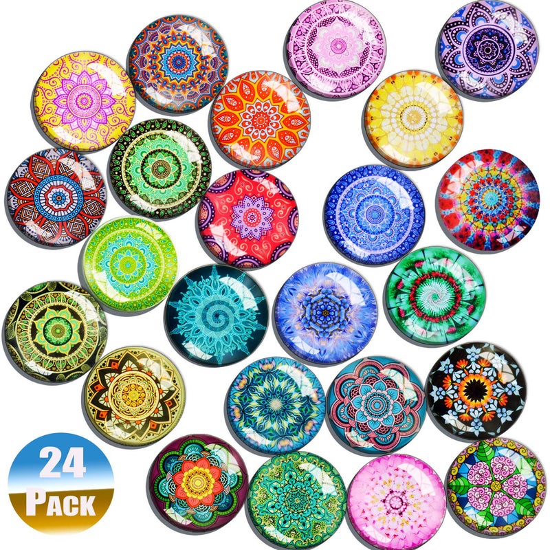 SOSMAR24 Refrigerator Magnets  Decorative 3D Glass Fridge Magnets Notice Board Magnets with Mandala Patterns for Kids Drawing Magnetic Whiteboard Photo Map Office Magnets Round 30mm
