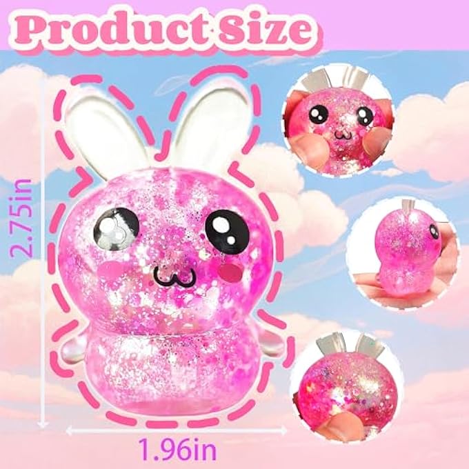 EVDERS Squishy Bunny Sugar Stress Balls, Bunny Sugar Ball Fidget Toys, Glitter Rabbit Squishy Toys for Adults & Kids, Kawaii Rabbit Sensory Squishies, Easter Basket Stuffers (Pink) - Image 2