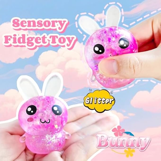 EVDERS Squishy Bunny Sugar Stress Balls, Bunny Sugar Ball Fidget Toys, Glitter Rabbit Squishy Toys for Adults & Kids, Kawaii Rabbit Sensory Squishies, Easter Basket Stuffers (Pink) - Image 3