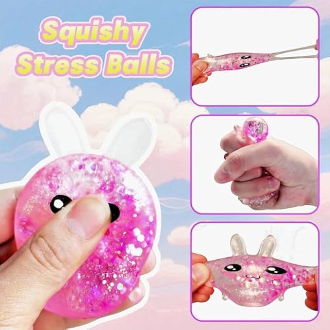 EVDERS Squishy Bunny Sugar Stress Balls, Bunny Sugar Ball Fidget Toys, Glitter Rabbit Squishy Toys for Adults & Kids, Kawaii Rabbit Sensory Squishies, Easter Basket Stuffers (Pink) - Image 4