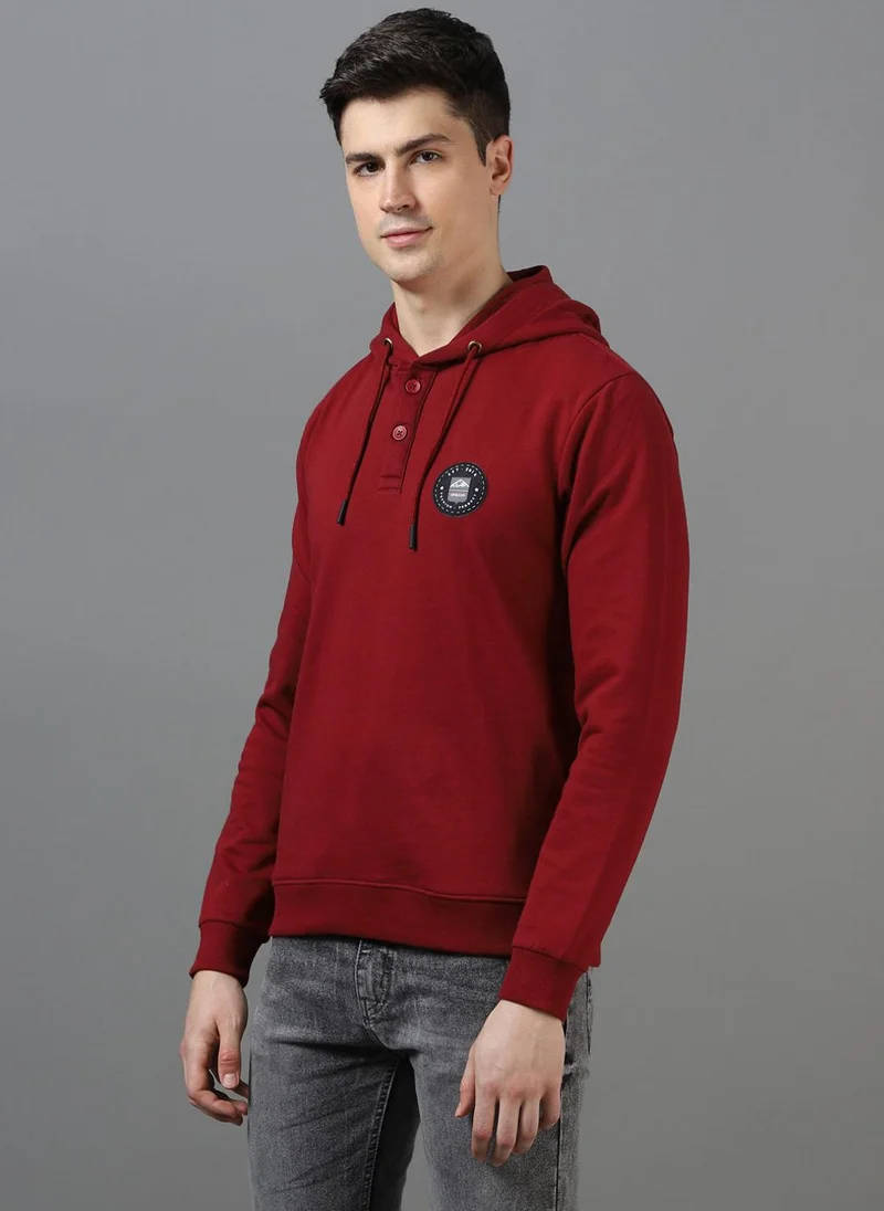Urbano Fashion Men's Maroon Cotton Solid Button Hooded Neck Sweatshirt