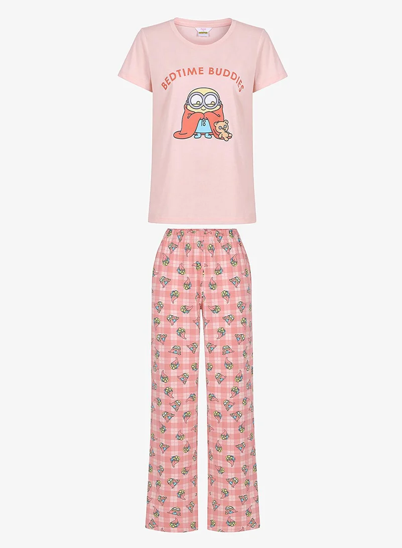 Penti Women's Cotton Lounge Licensed Minions Shorts Sleeve Pajama Set - Light Pink