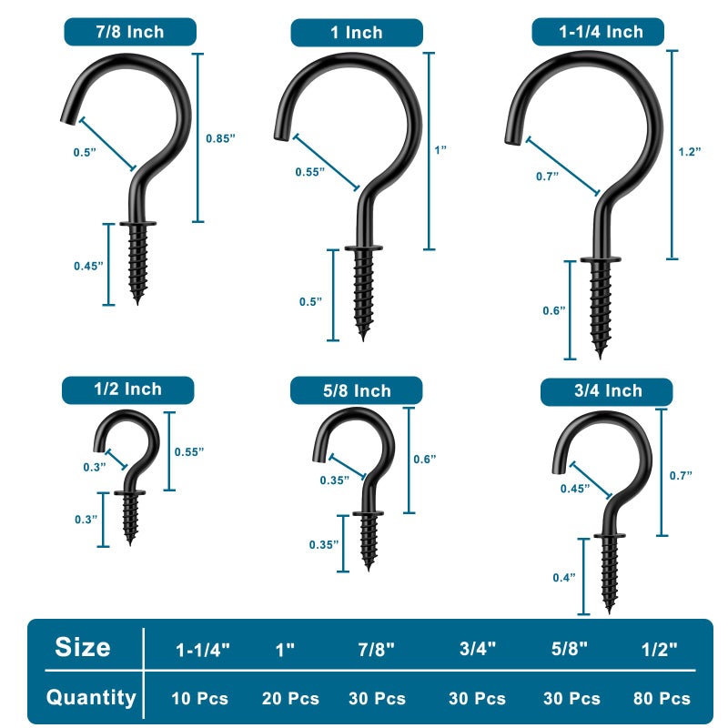 LayHyand 200 Pcs Screw Hooks kit,6 Sizes Vinyl Coated Ceilling Wall Cup Hook for Hanging Plant, Mug, Coffee Cups, String Light Decors, Indoor & Outdoor, Black (1/2in, 5/8in,3/4in,7/8in,1in,1-1/4in) - Image 2