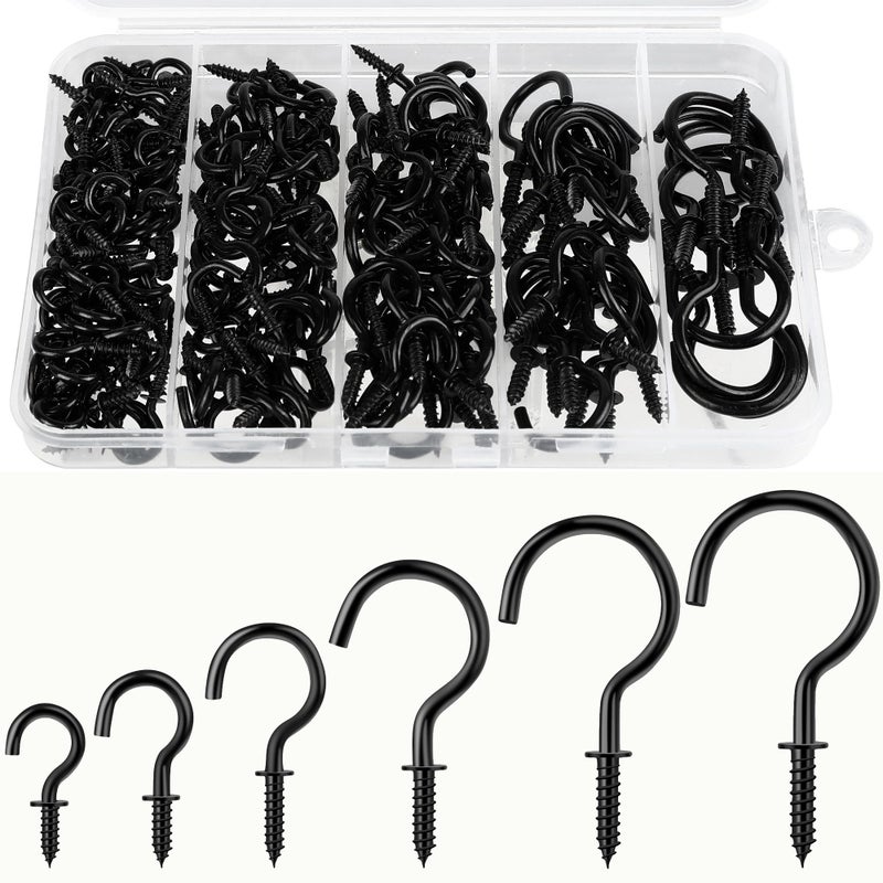 LayHyand 200 Pcs Screw Hooks kit,6 Sizes Vinyl Coated Ceilling Wall Cup Hook for Hanging Plant, Mug, Coffee Cups, String Light Decors, Indoor & Outdoor, Black (1/2in, 5/8in,3/4in,7/8in,1in,1-1/4in) - Image 1