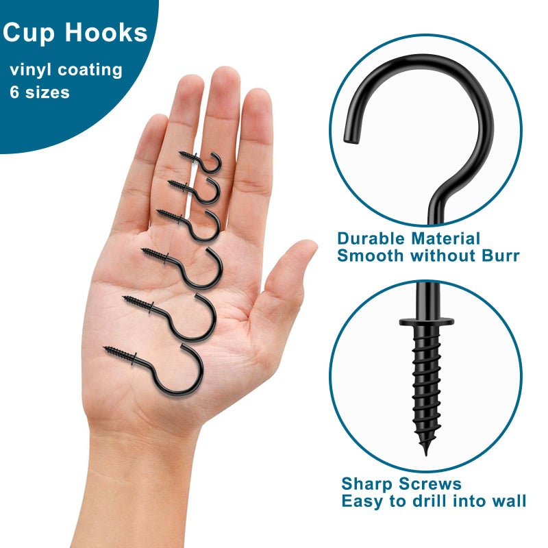 LayHyand 200 Pcs Screw Hooks kit,6 Sizes Vinyl Coated Ceilling Wall Cup Hook for Hanging Plant, Mug, Coffee Cups, String Light Decors, Indoor & Outdoor, Black (1/2in, 5/8in,3/4in,7/8in,1in,1-1/4in) - Image 3