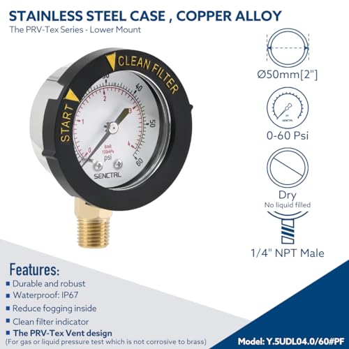 SENCTRL 0-60 Psi Pool Filter Pressure Gauge, 2 inches Dial, 1/4 NPT Lower Mount, Stainless Steel Case, Waterproof, Clean Filter Indicator, for Swimming Water Pump Spa Aquarium Pressure Test - Image 2