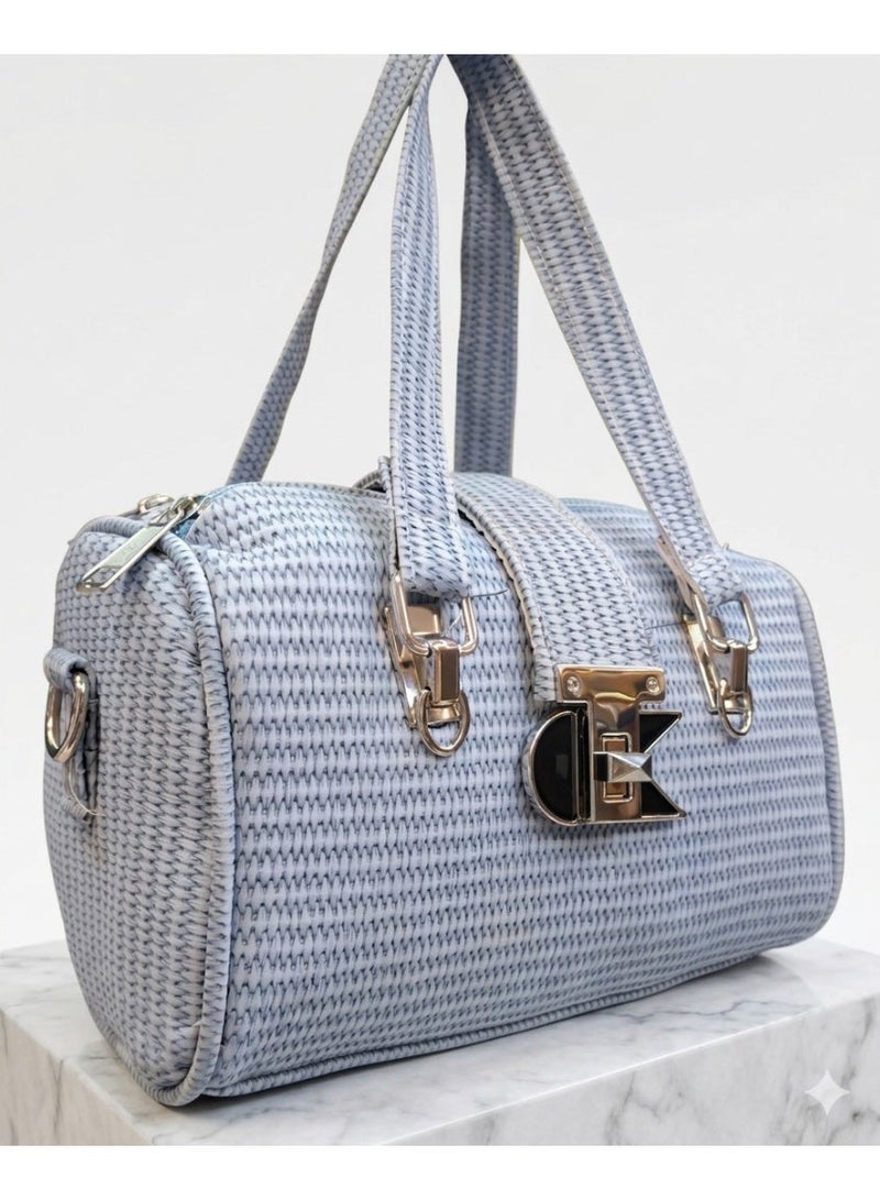 Women's Small Handbag,Woven Design, Silver Metal Accessories (Grey)