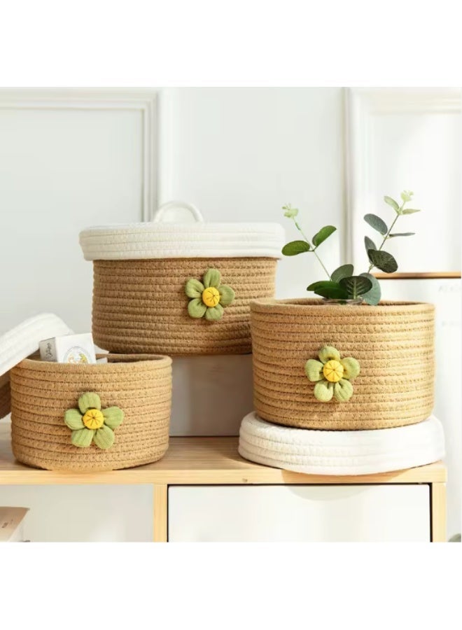 سلة من حبل القطن، 3 قطع من سلة الدائرية ذات الألوان الزاهية بأحجام مختلفة مع أغطية، سلال تخزين منسوجة لغرفة النوم والمكتب والعائلة - Image 4