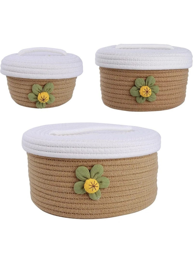 سلة من حبل القطن، 3 قطع من سلة الدائرية ذات الألوان الزاهية بأحجام مختلفة مع أغطية، سلال تخزين منسوجة لغرفة النوم والمكتب والعائلة - Image 2