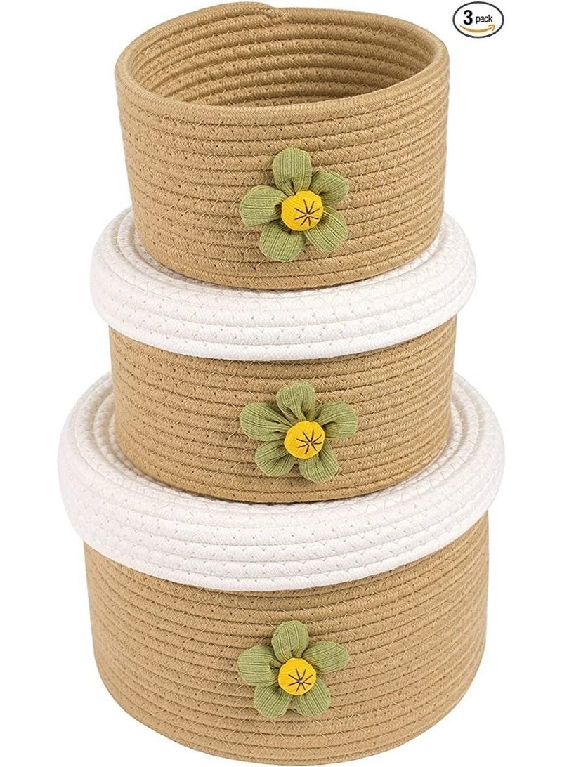 سلة من حبل القطن، 3 قطع من سلة الدائرية ذات الألوان الزاهية بأحجام مختلفة مع أغطية، سلال تخزين منسوجة لغرفة النوم والمكتب والعائلة - Image 1