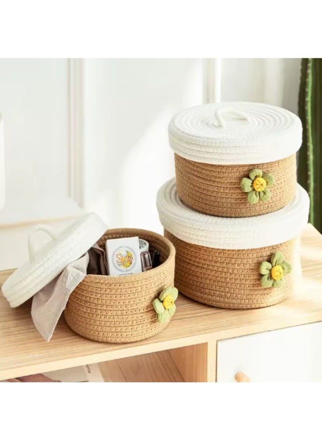 سلة من حبل القطن، 3 قطع من سلة الدائرية ذات الألوان الزاهية بأحجام مختلفة مع أغطية، سلال تخزين منسوجة لغرفة النوم والمكتب والعائلة - Image 3