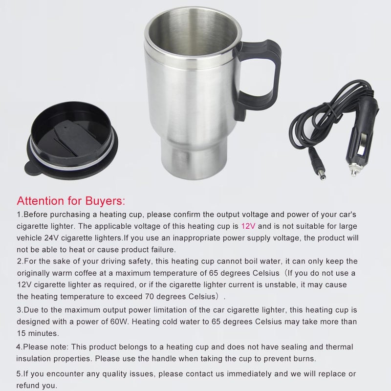 MOSANDON 12V Car Heating Cup Car Heated Mug, 450ml Stainless Steel Travel Electric Coffee Cup 14oz. Insulated Heated Preservation Mug - Image 3