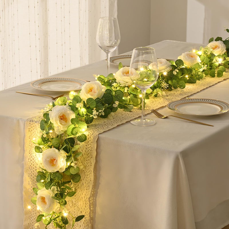 Dolicer 2Pcs 13Ft Artificial Eucalyptus Garlands with Flowers, Faux Floral Greenery Garlands with 13Ft String Lights Fake Flowers Vines for Wedding Centerpieces Arch Party Decor (White) - Image 3