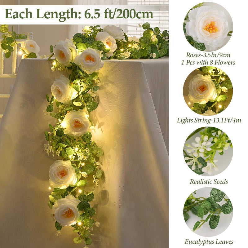 Dolicer 2Pcs 13Ft Artificial Eucalyptus Garlands with Flowers, Faux Floral Greenery Garlands with 13Ft String Lights Fake Flowers Vines for Wedding Centerpieces Arch Party Decor (White) - Image 5