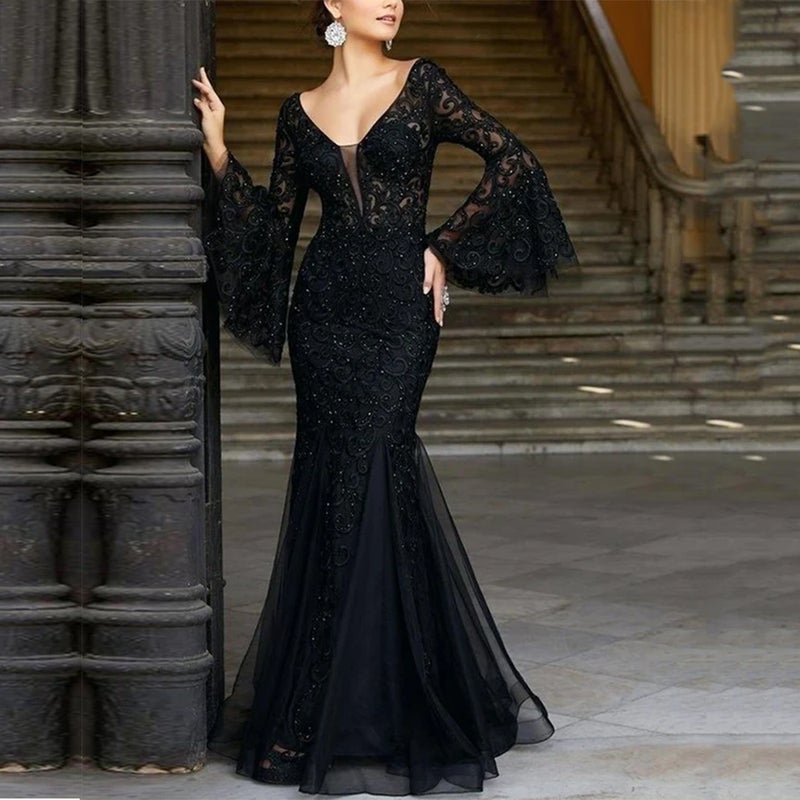 Summer Style Elegant And Slim Fishtail Long Banquet Dress Women'S Black Anchor Lace Evening Dress - Image 5