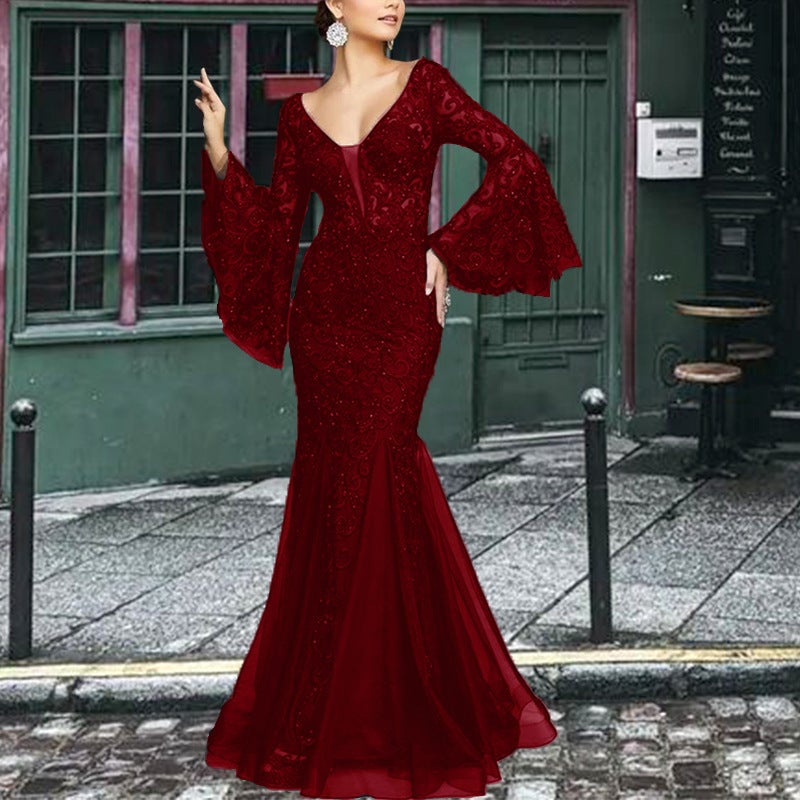 Summer Style Elegant And Slim Fishtail Long Banquet Dress Women'S Black Anchor Lace Evening Dress - Image 1