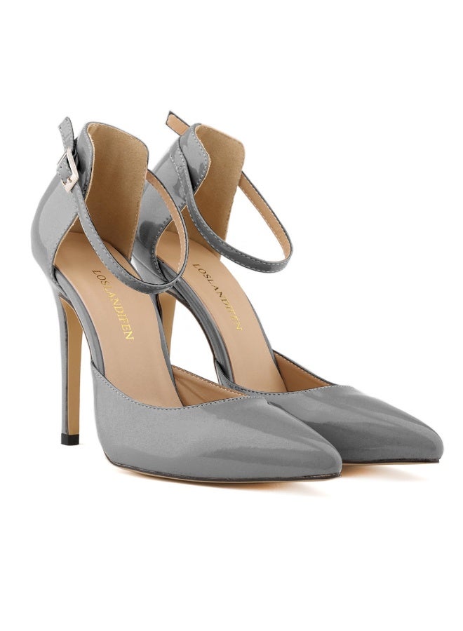 Loquat Stylish enclosed-heel pointed-toe square-buckle candy-colored thin-strap stiletto high heels Grey - Image 1