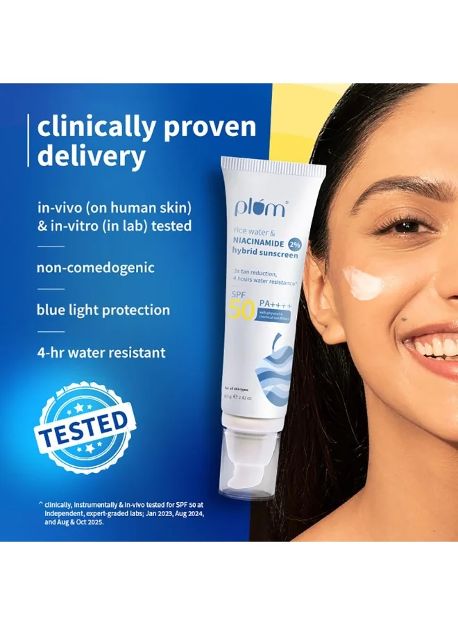 Plum  2% Niacinamide Sunscreen SPF 50 PA++++ With Rice Water | 4 Hrs Water Resistance | 3x Tan Reduction & Brightens | No White Cast, Lightweight, Non-Sticky | Dermatologically Tested | Women & Men | 100% Vegan | 80g  | Best Price UAE
